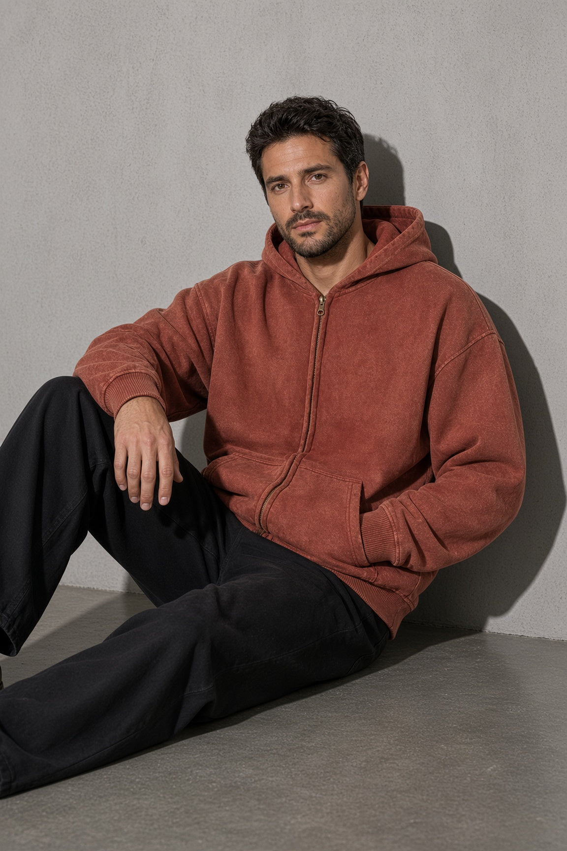 Men's Thick Spray-Dyed Cotton Hoodie with Front Zip Detail
