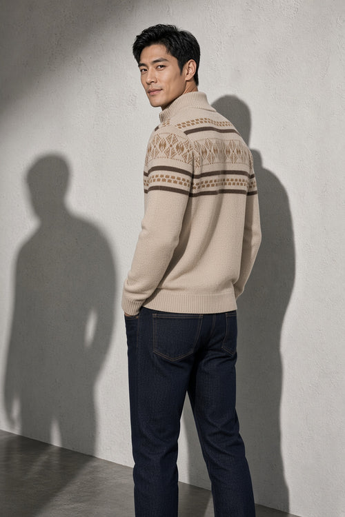 Men's Cardigan Fair Isle Zip-Up Front — Interior Lining & Finish Detail