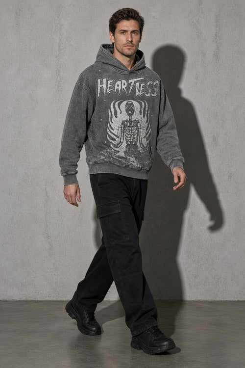 Heartless skeleton men's black hoodie, full-body view