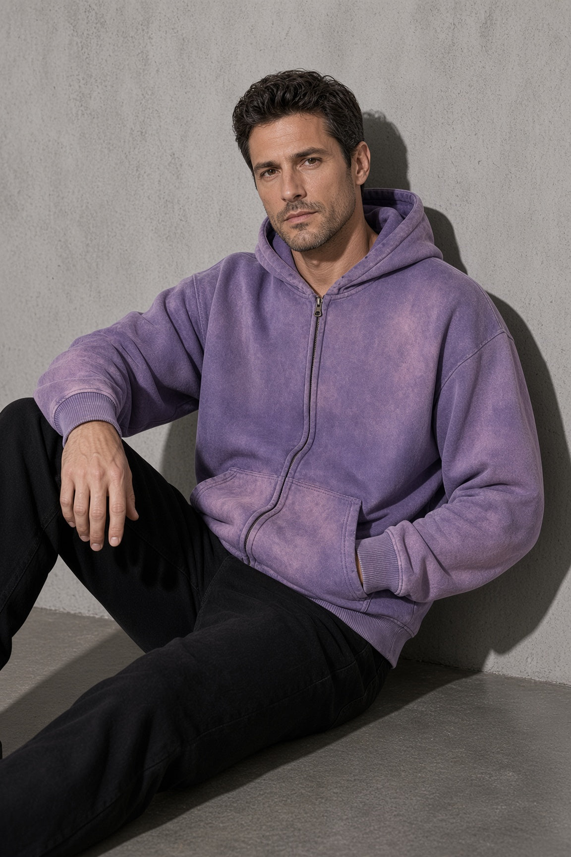 Men's Thick Spray-Dyed Cotton Hoodie with Front Zip Detail