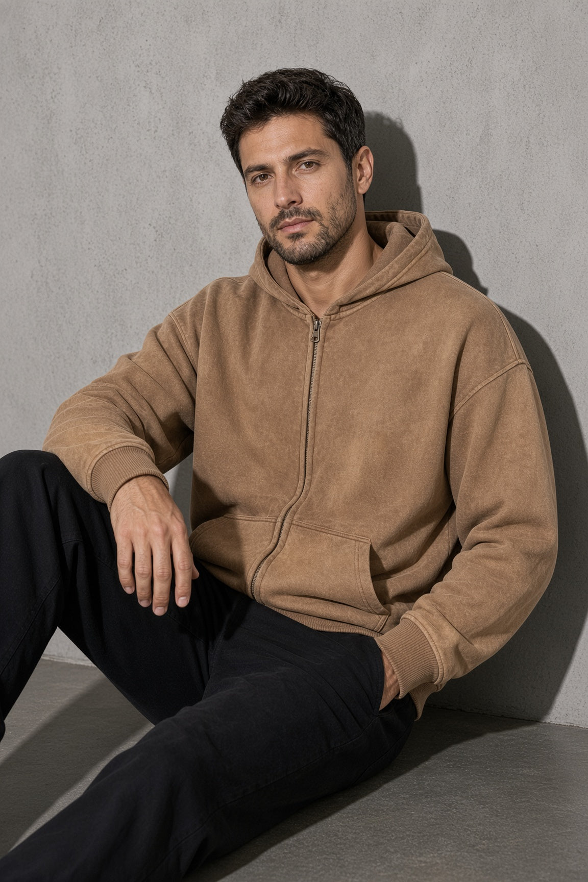 Men's Thick Spray-Dyed Cotton Hoodie with Front Zip Detail