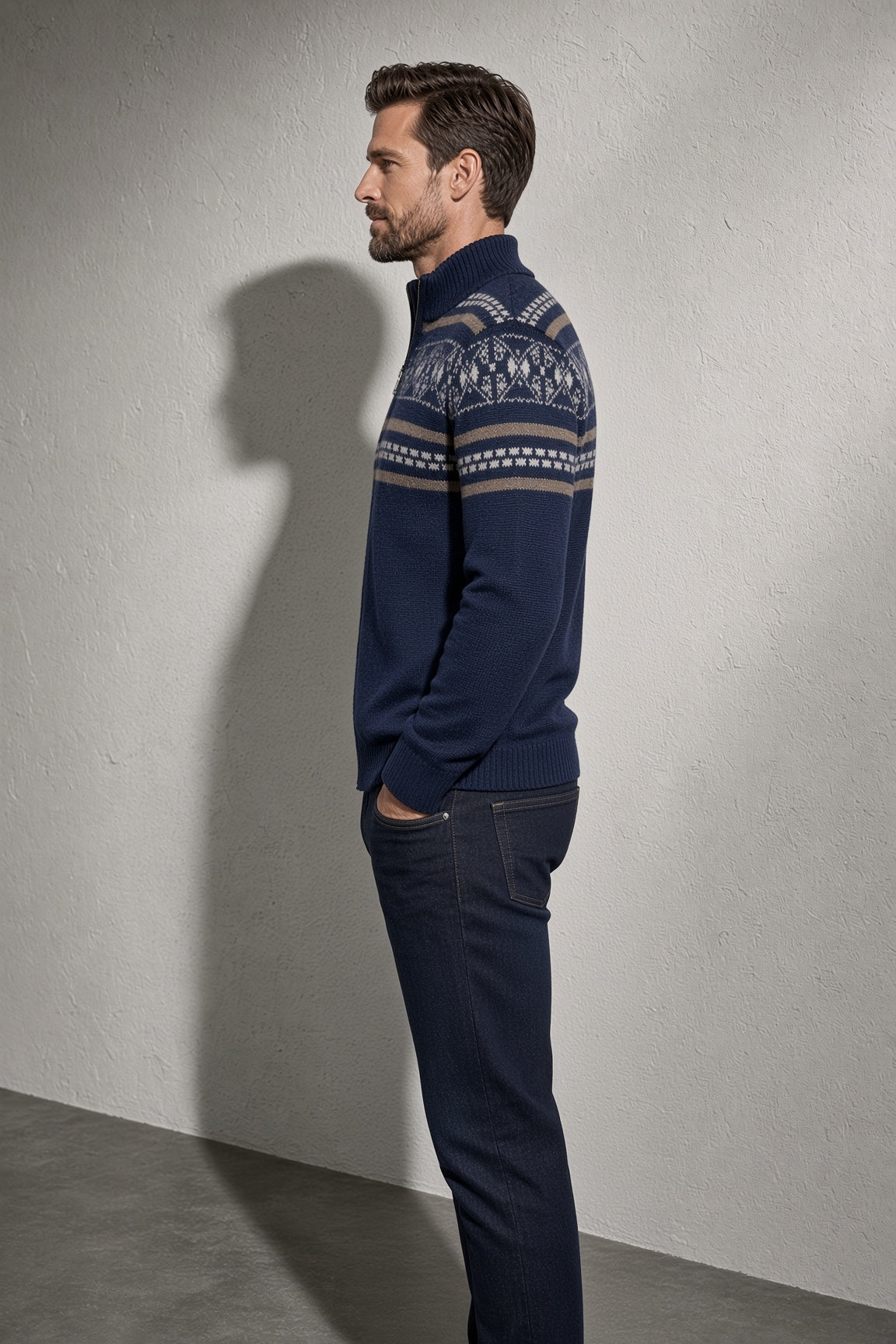 Men's Cardigan Fair Isle Zip-Up Front — Button & Fastening Detail