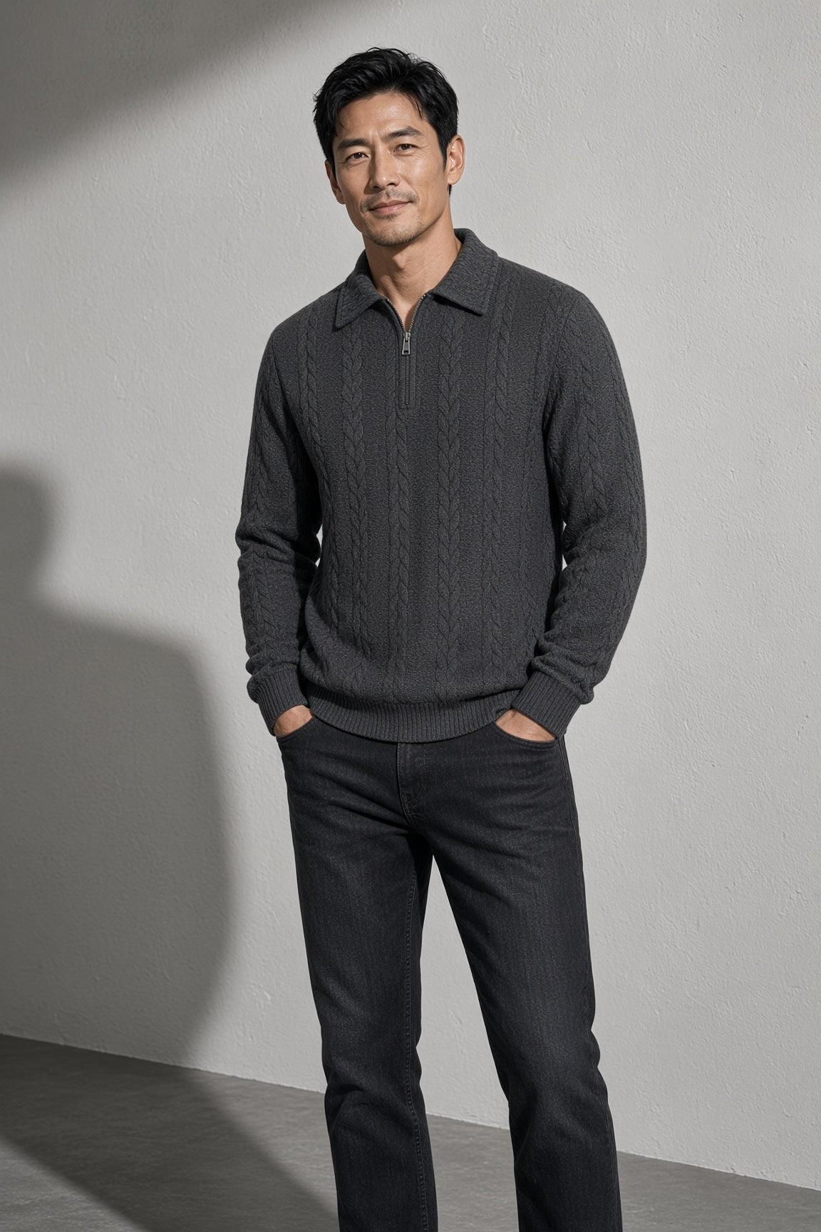Men's Sweater Collared Quarter-Zip Textured Knit — Button & Fastening Detail