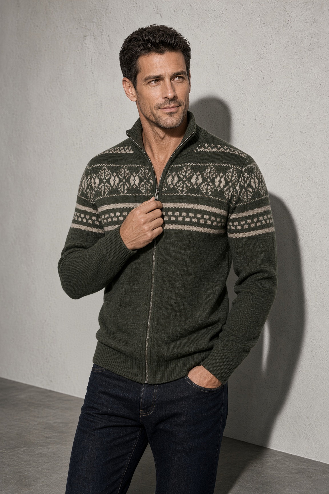 Men's Cardigan Fair Isle Zip-Up Front — Macro Weave & Texture Detail