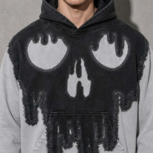 Dripping skull men's black hoodie, macro design view