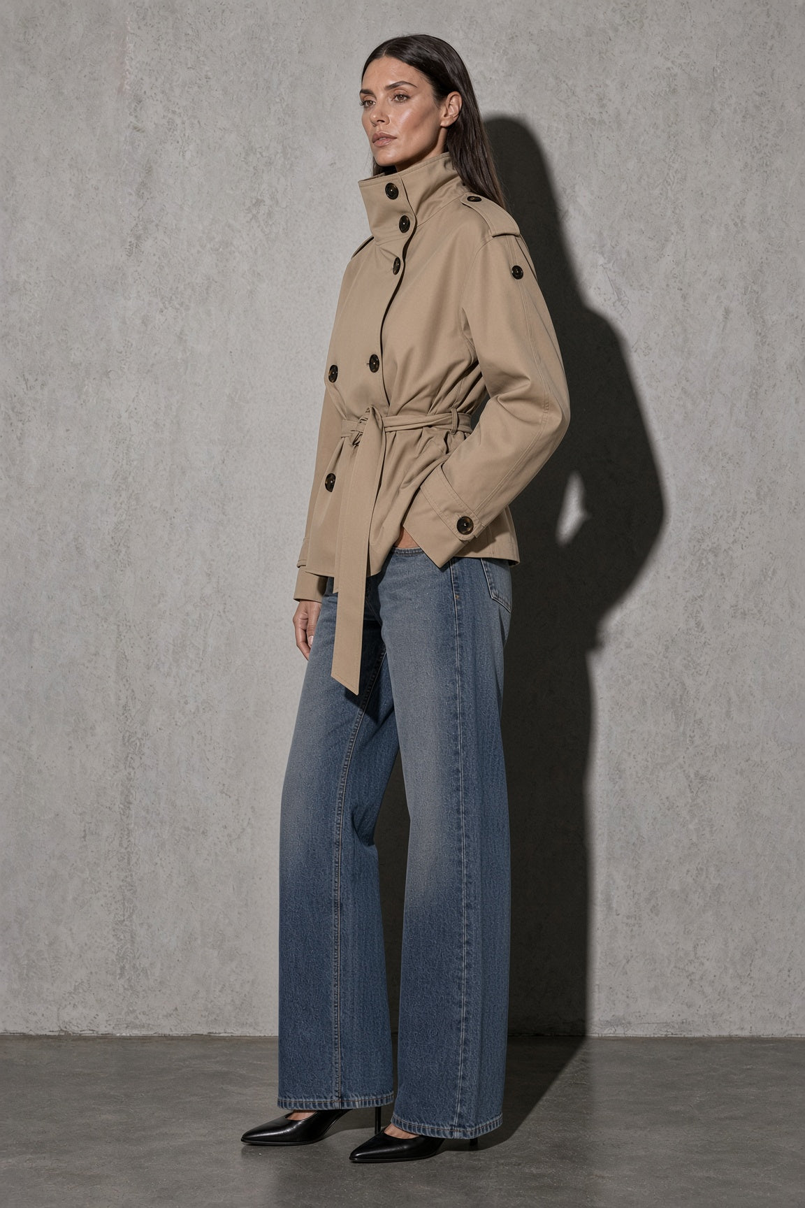 Women's Jacket Cropped Trench Turtle Neck — Fabric Texture & Material Detail