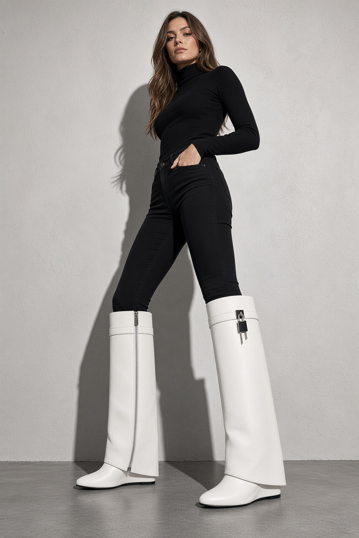 Women's Boots Knee High Fold Over Padlock Wedge