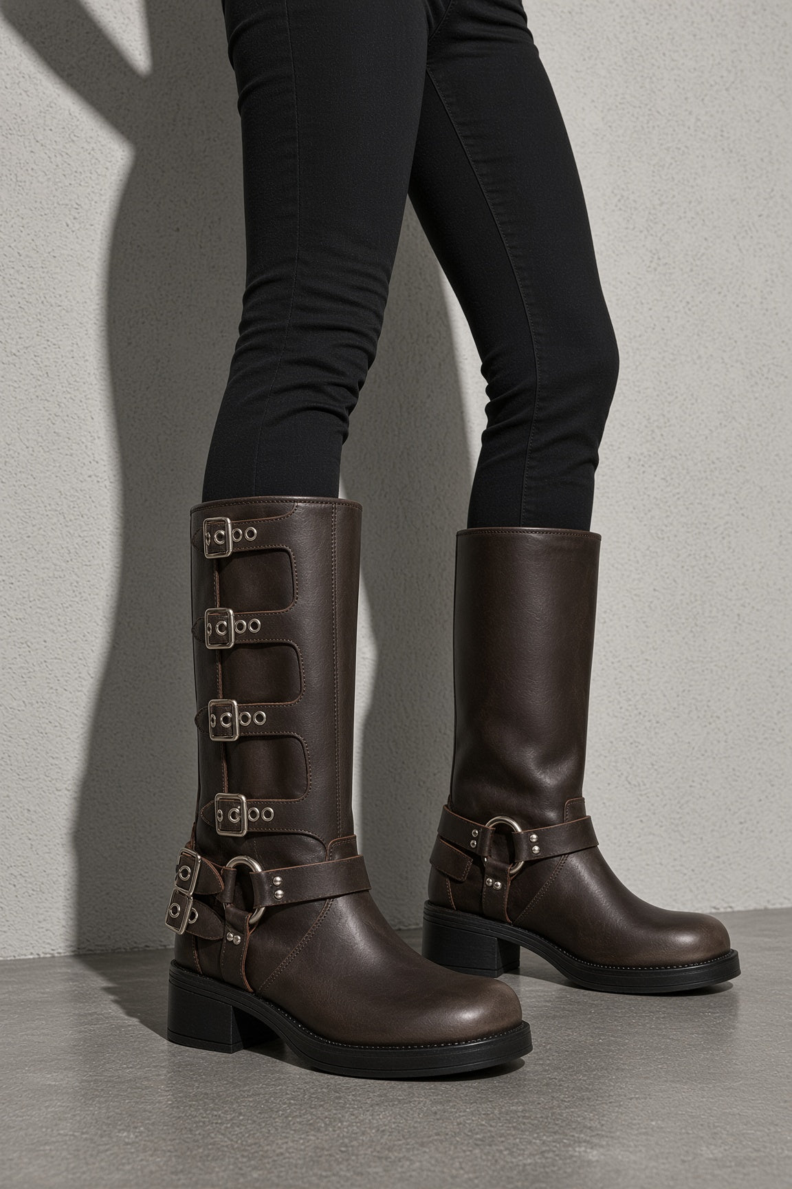 Women's Boots Biker Knee High Buckle Straps O Ring