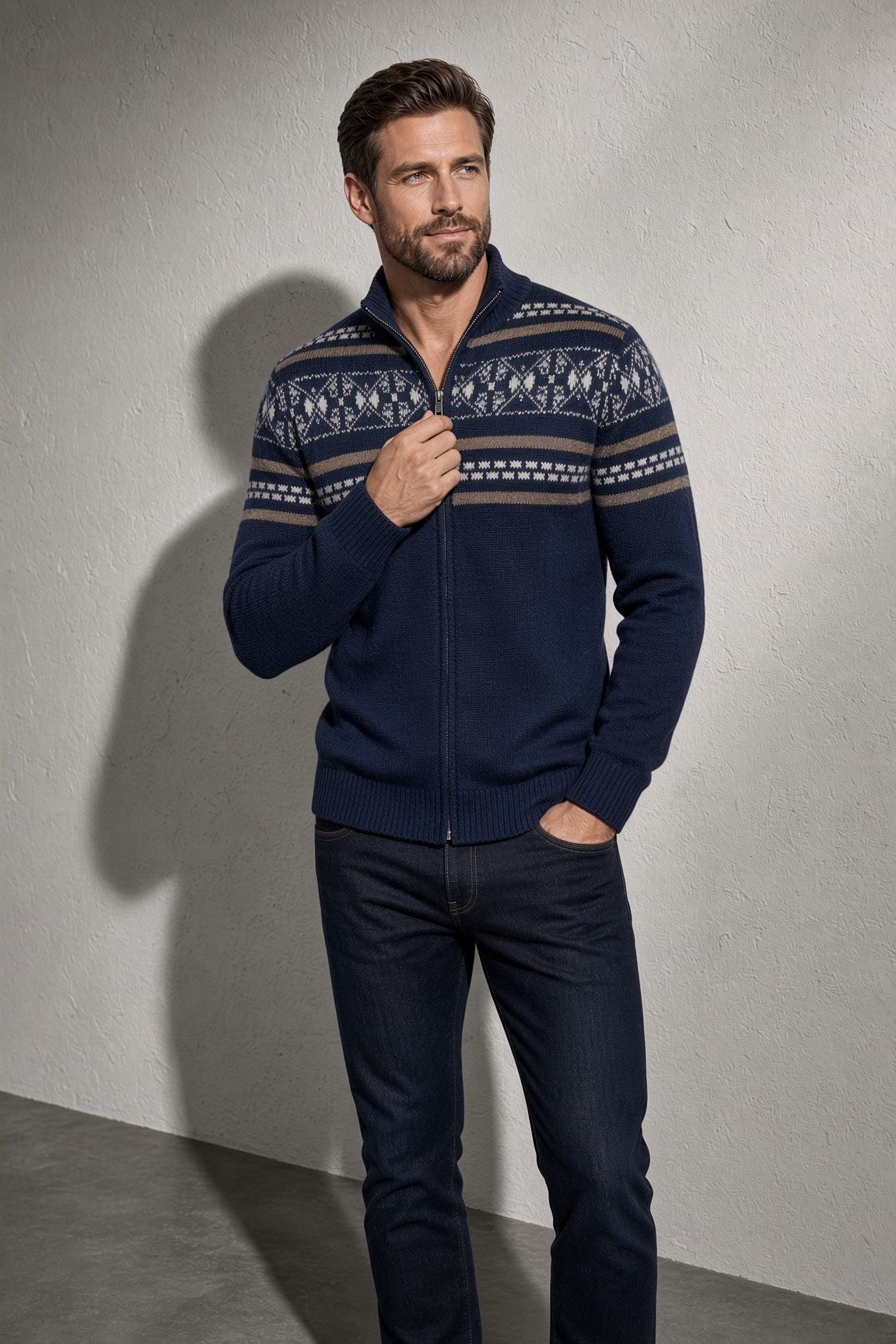 Men's Cardigan Fair Isle Zip-Up Front — Front Studio View (Angle 16)