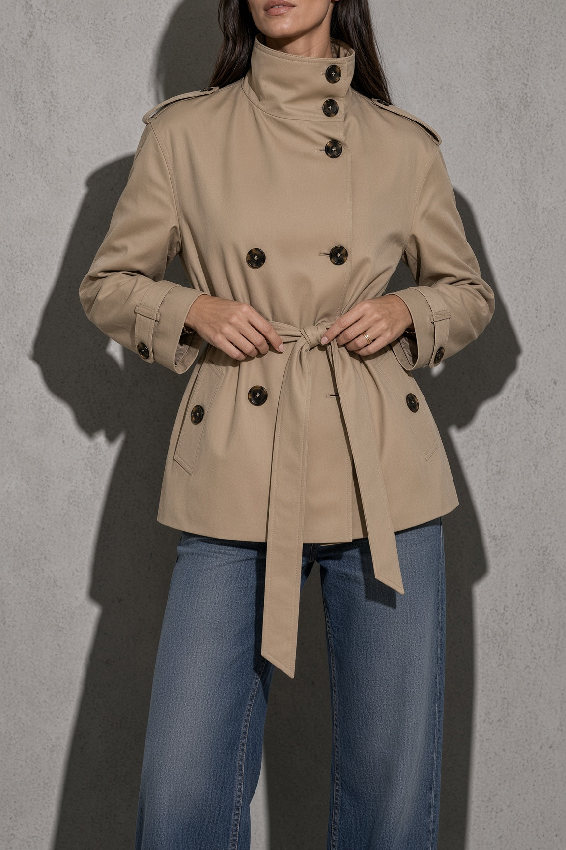 Women's Jacket Cropped Trench Turtle Neck — Front Studio View