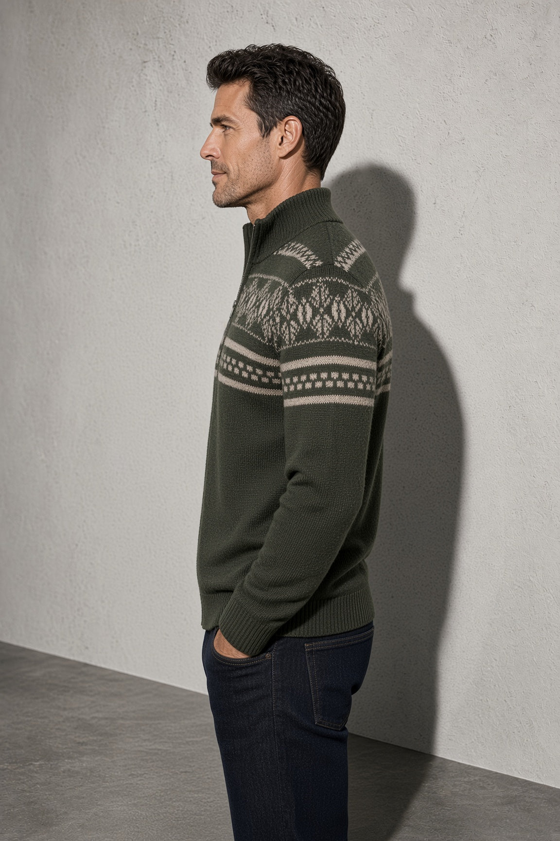 Men's Cardigan Fair Isle Zip-Up Front — Hemline & Edge Construction