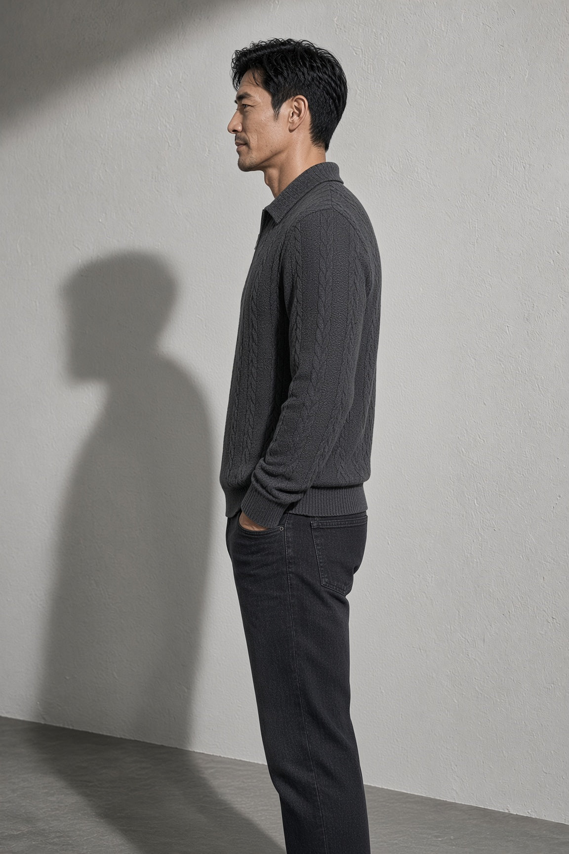 Men's Sweater Collared Quarter-Zip Textured Knit — Full Length Model View