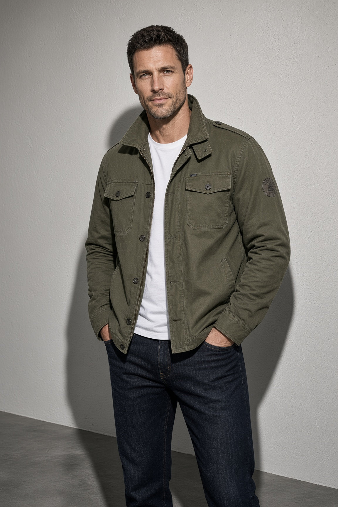 Men's Jacket Four-Pocket Stand Collar — Flat Lay Garment View