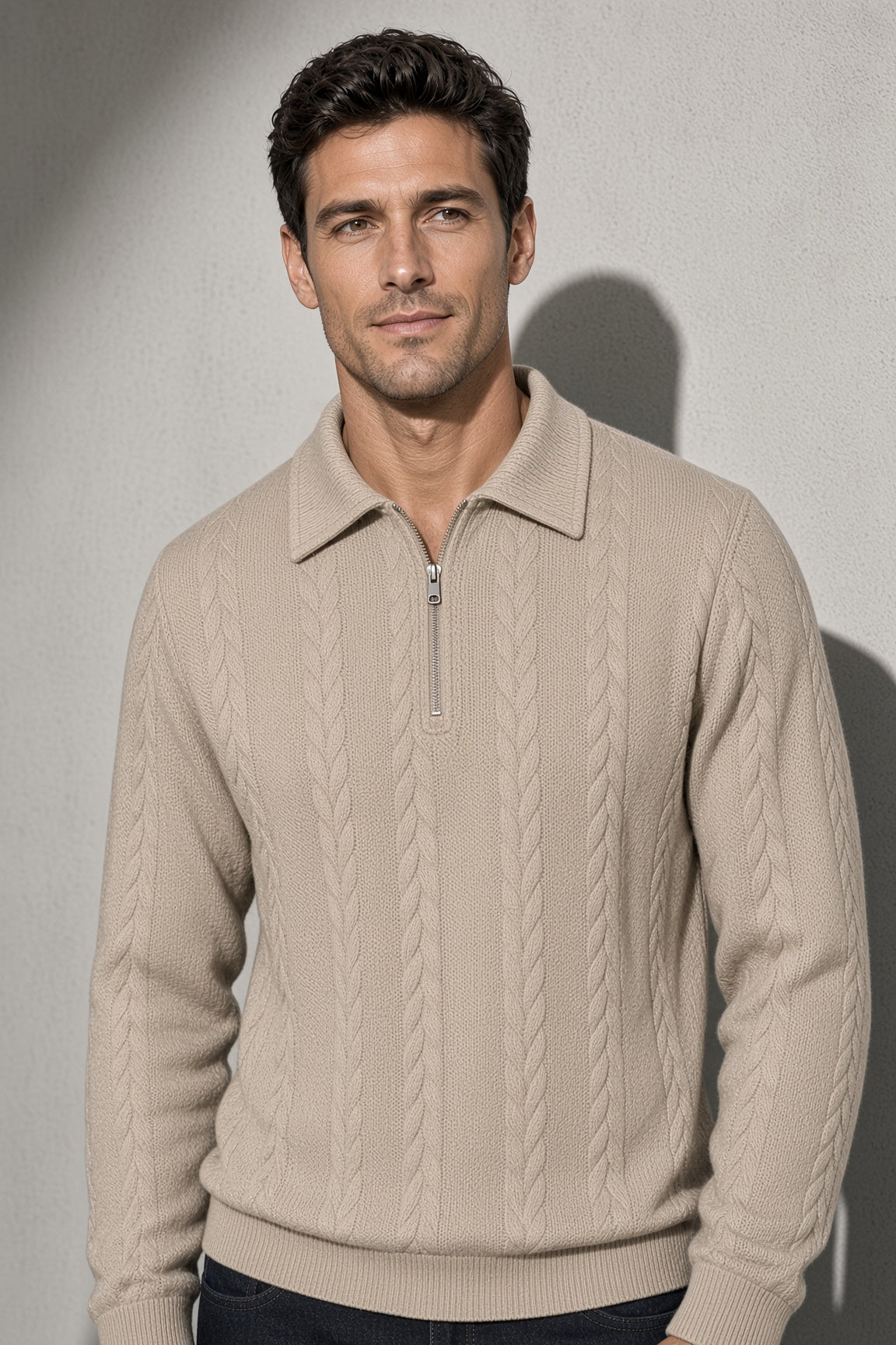 Men's Sweater Collared Quarter-Zip Textured Knit — On-Model Front Angle