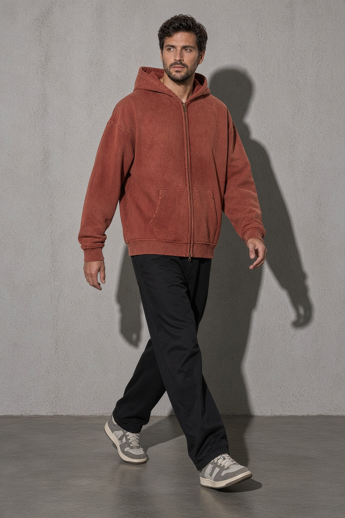 Men's Thick Spray-Dyed Cotton Hoodie with Front Zip Detail