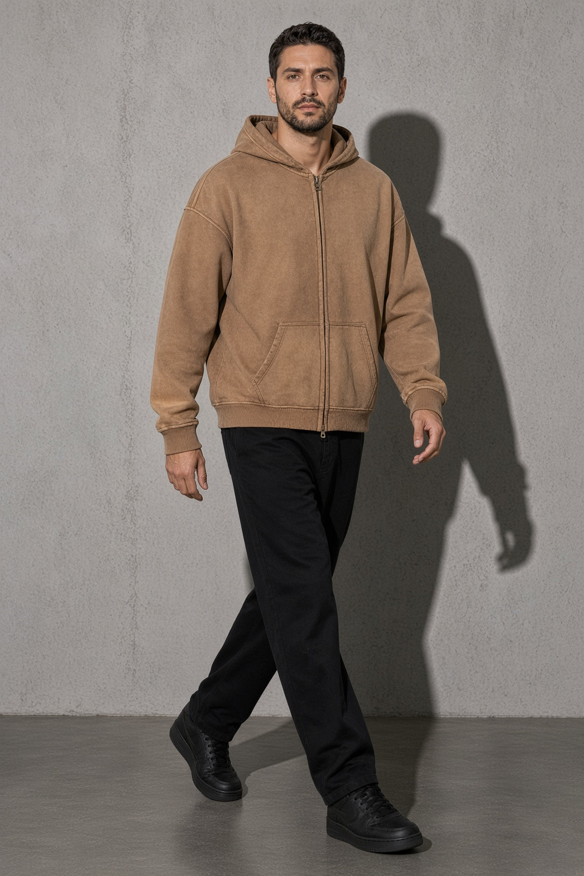 Men's Thick Spray-Dyed Cotton Hoodie with Front Zip Detail