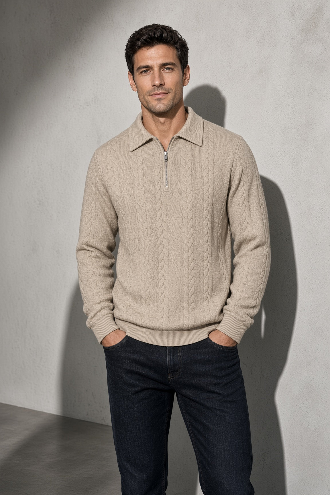 Men's Sweater Collared Quarter-Zip Textured Knit — Macro Weave & Texture Detail