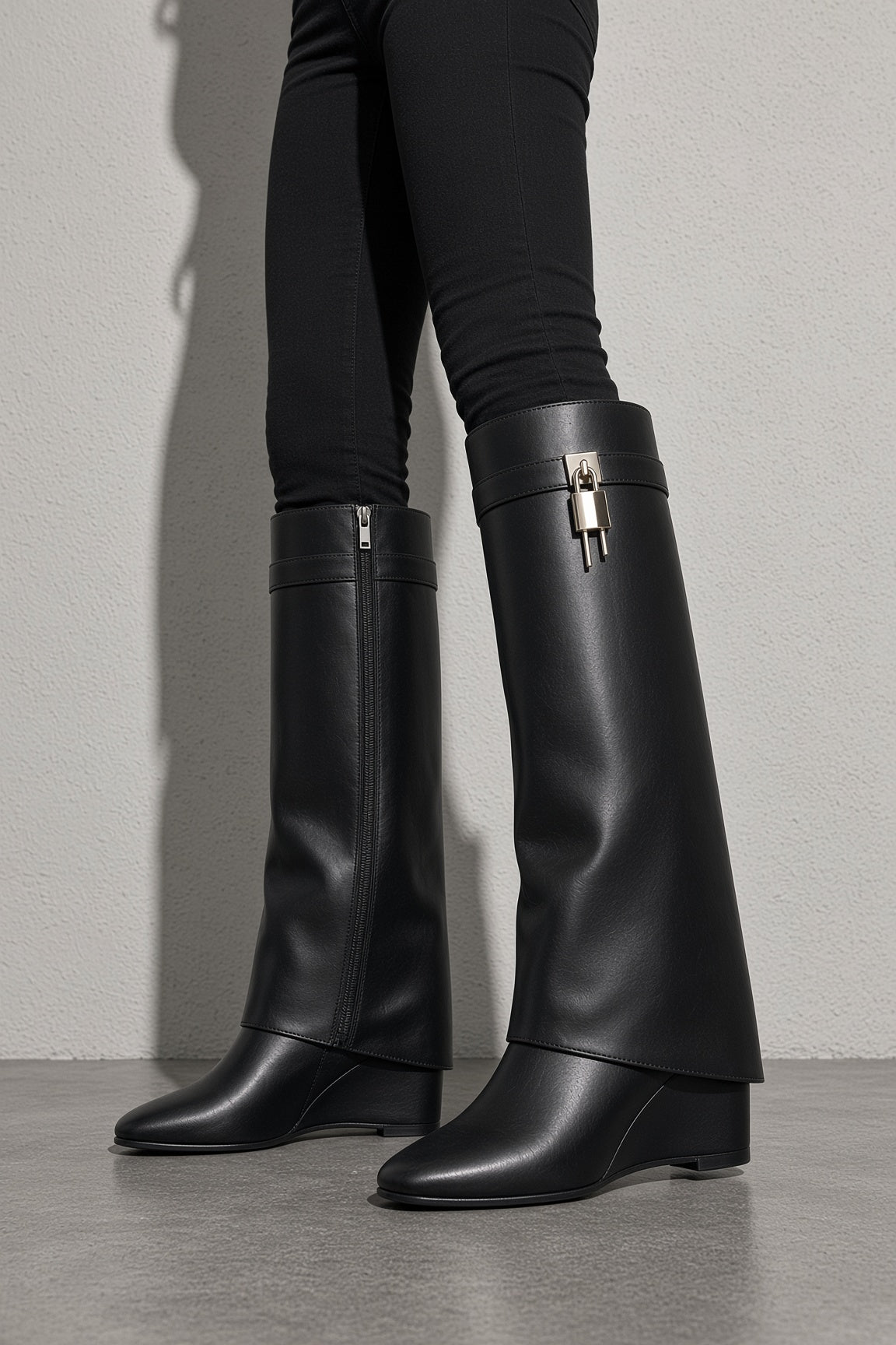 Women's Boots Knee High Fold Over Padlock Wedge