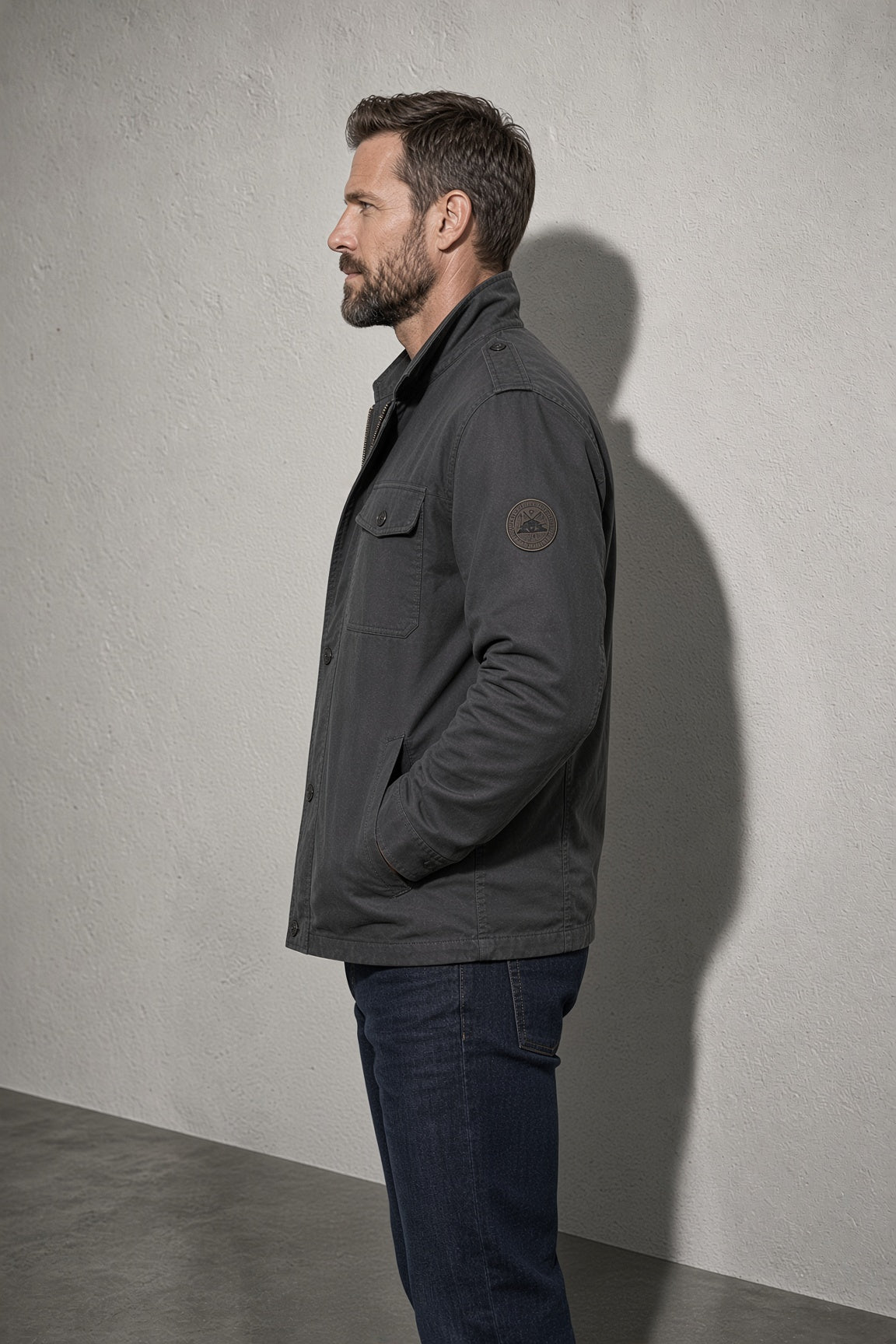 Men's Jacket Four-Pocket Stand Collar — Full Length Model View