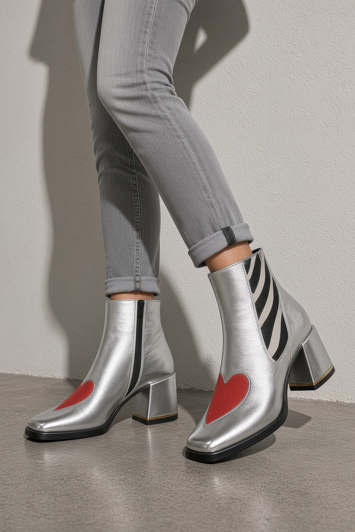 Women's Boots Metallic Ankle Heart Motif Block Heel