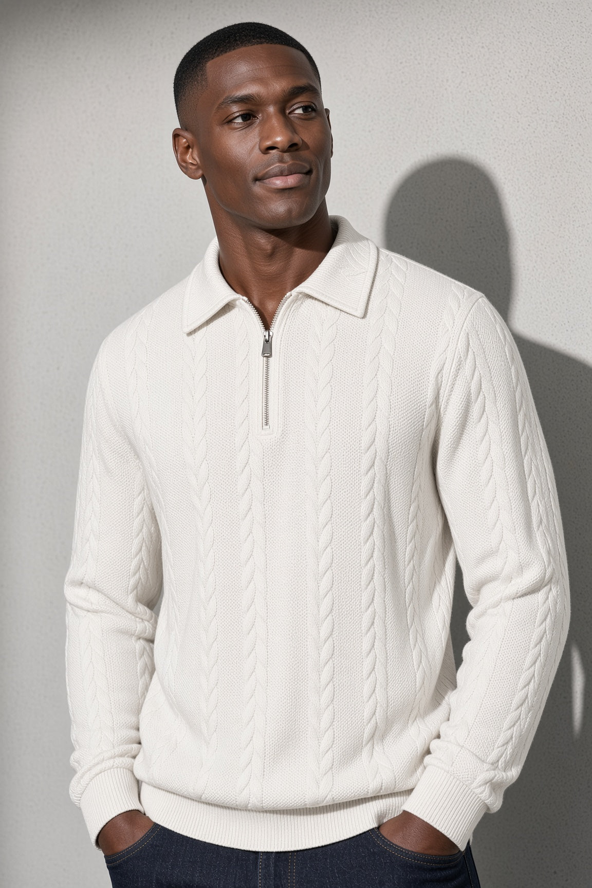Men's Sweater Collared Quarter-Zip Textured Knit — Side Profile View