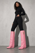 Women's Boots Knee High Fold Over Padlock Wedge