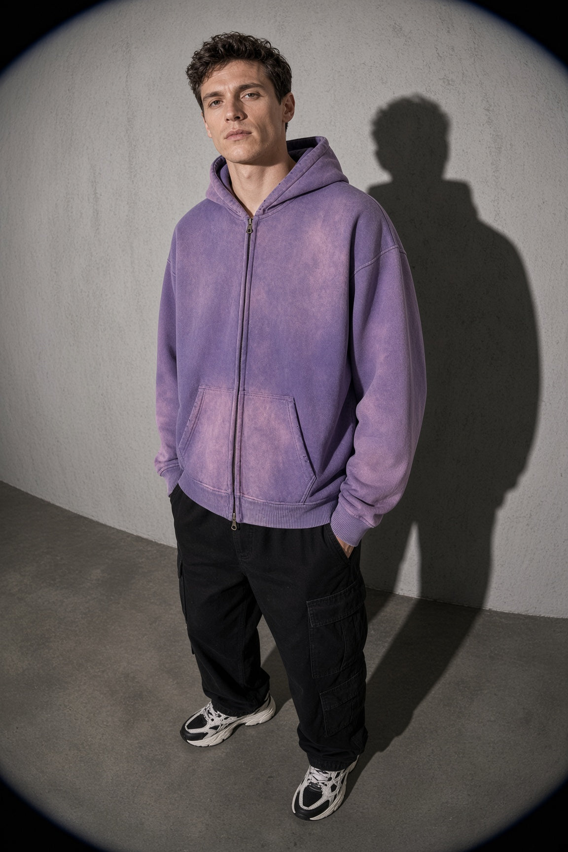 Men's Thick Spray-Dyed Cotton Hoodie with Front Zip Detail
