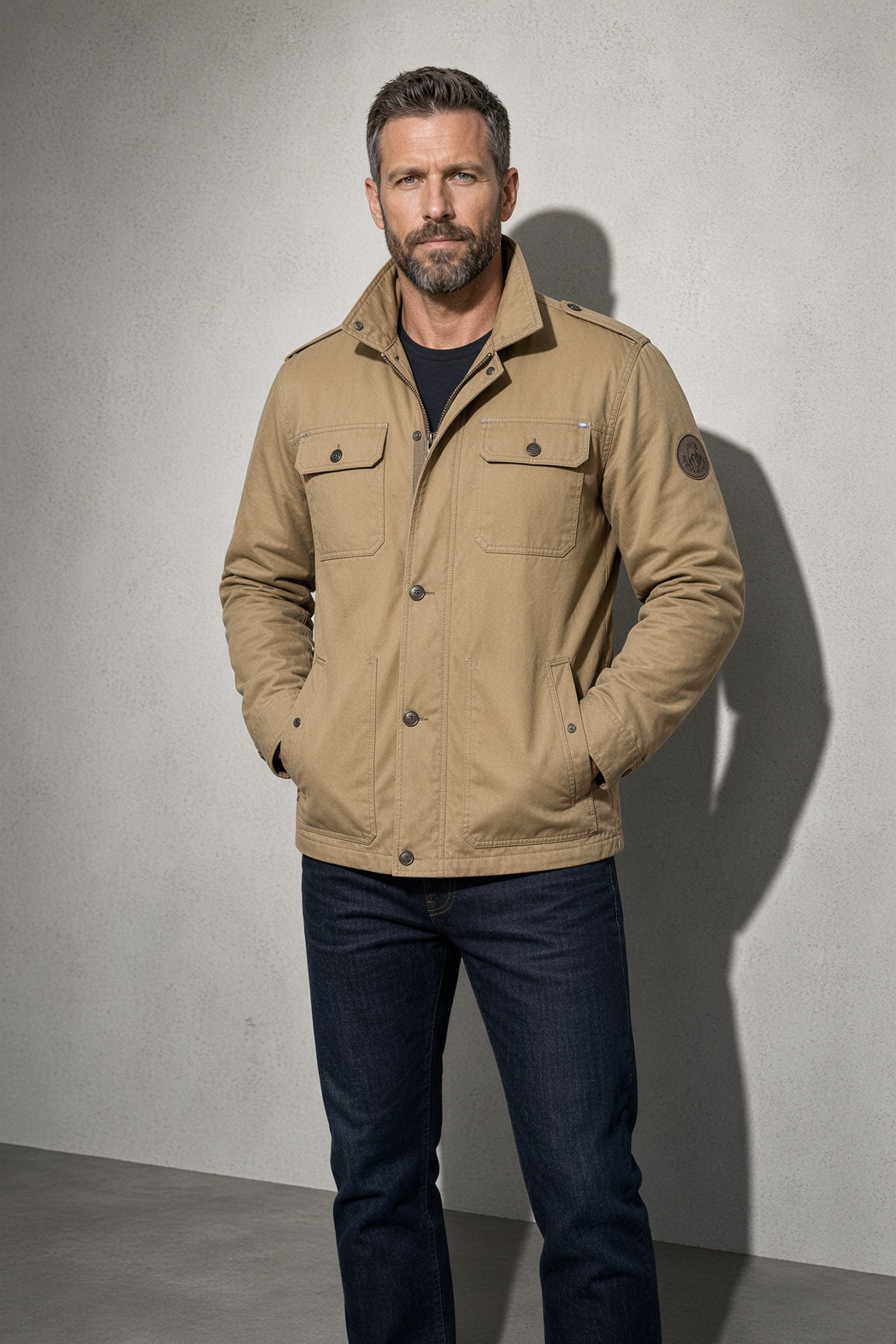 Men's Jacket Four-Pocket Stand Collar — Macro Weave & Texture Detail