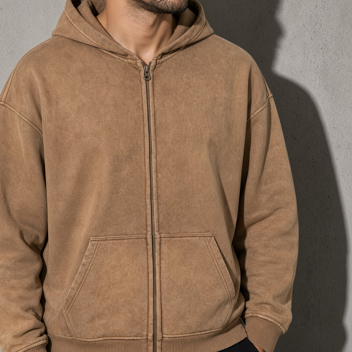 Men's Thick Spray-Dyed Cotton Hoodie with Front Zip Detail