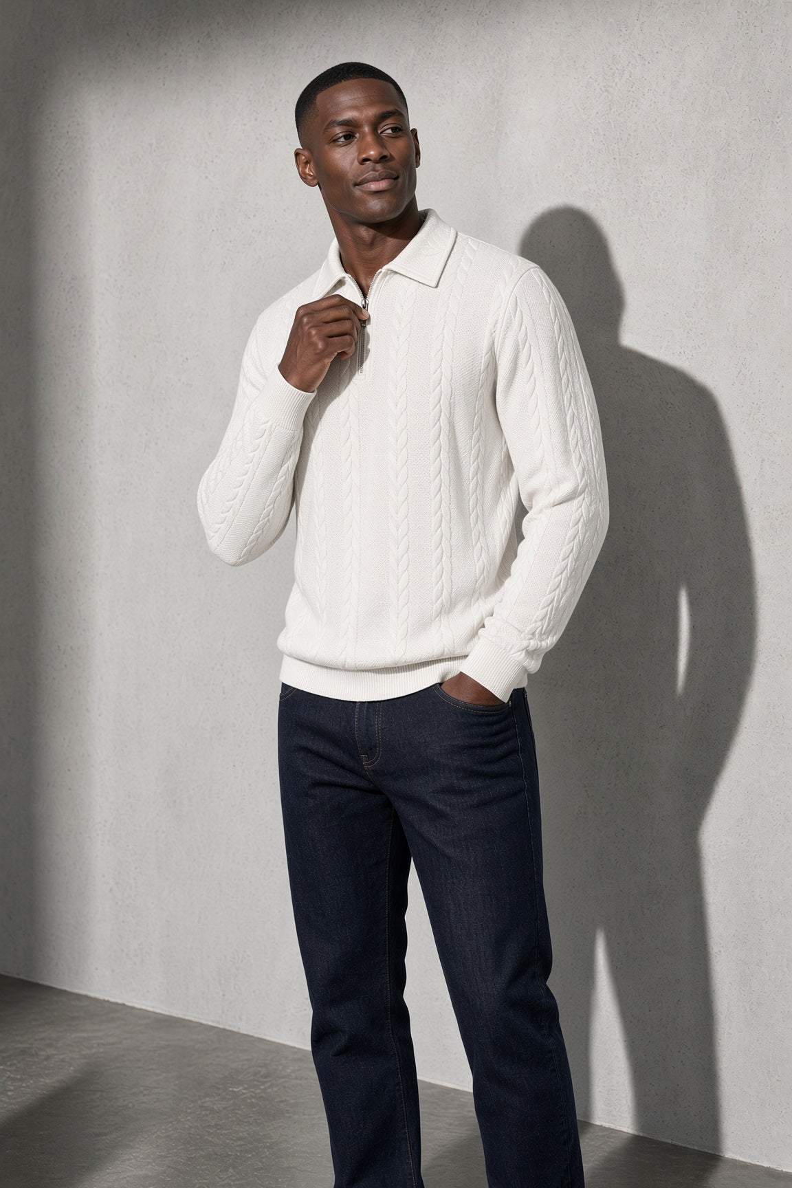 Men's Sweater Collared Quarter-Zip Textured Knit — Hemline & Edge Construction