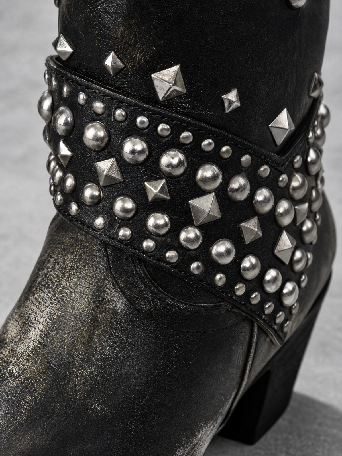 Rivet Female Boots With Chunky Heels - Black - studded vamp strap detail