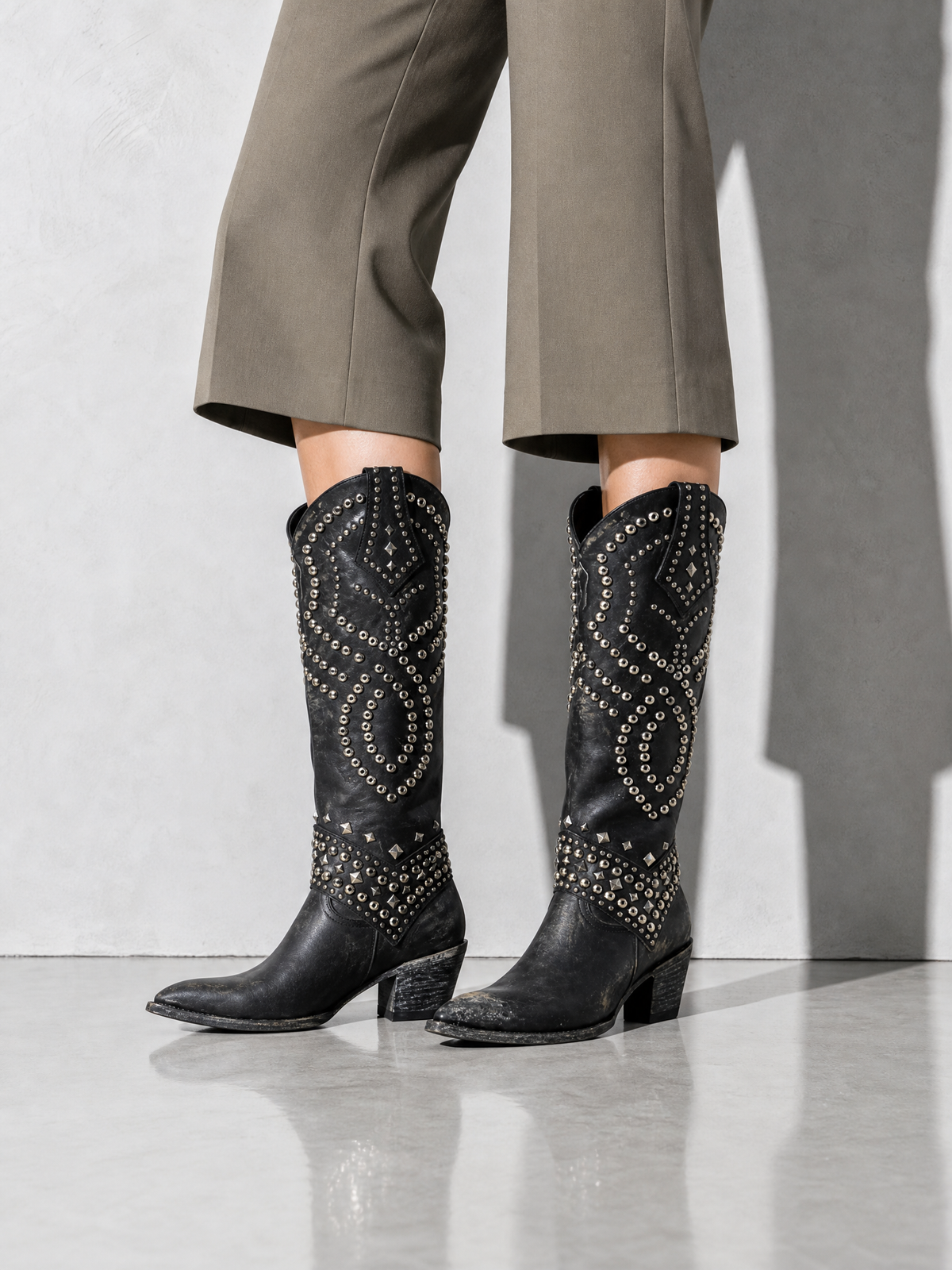 Rivet Female Boots With Chunky Heels - Black - worn on model, lower leg