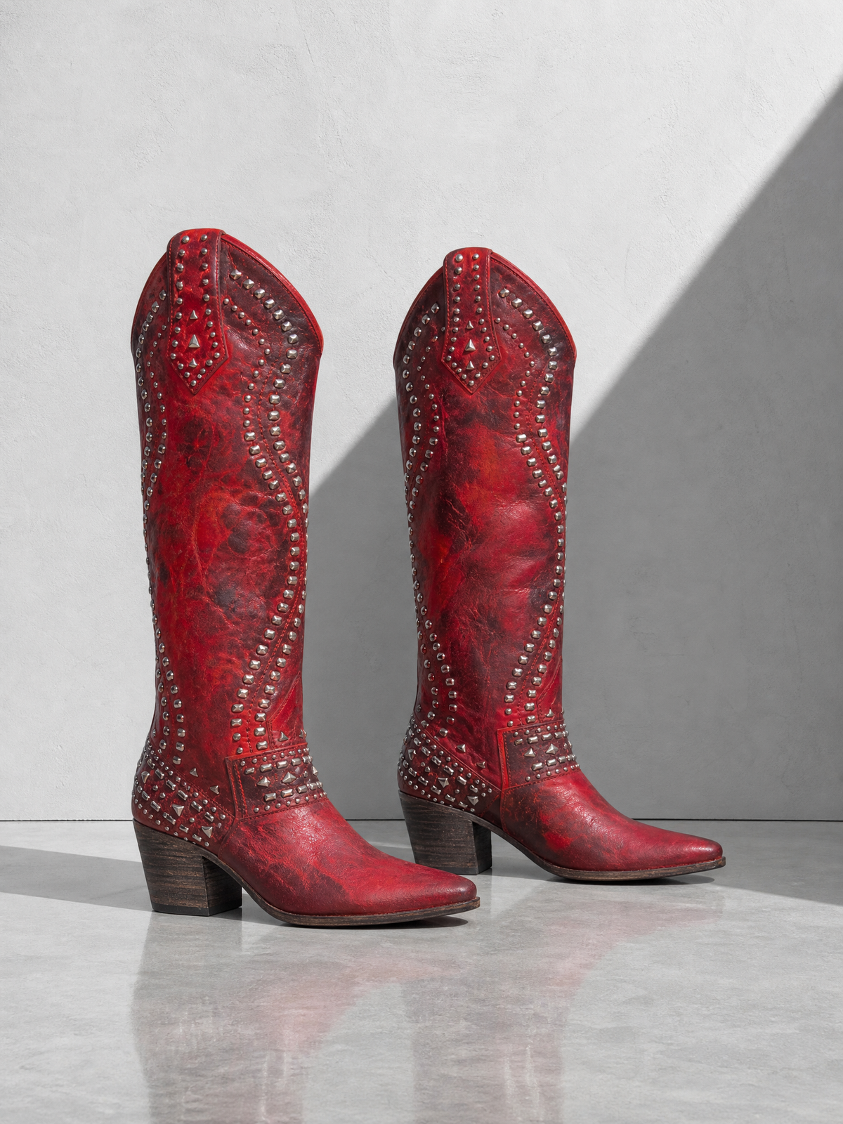 Rivet Female Boots With Chunky Heels - Red - outer side profile