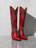 Rivet Female Boots With Chunky Heels - Red - complete pair, front three-quarter