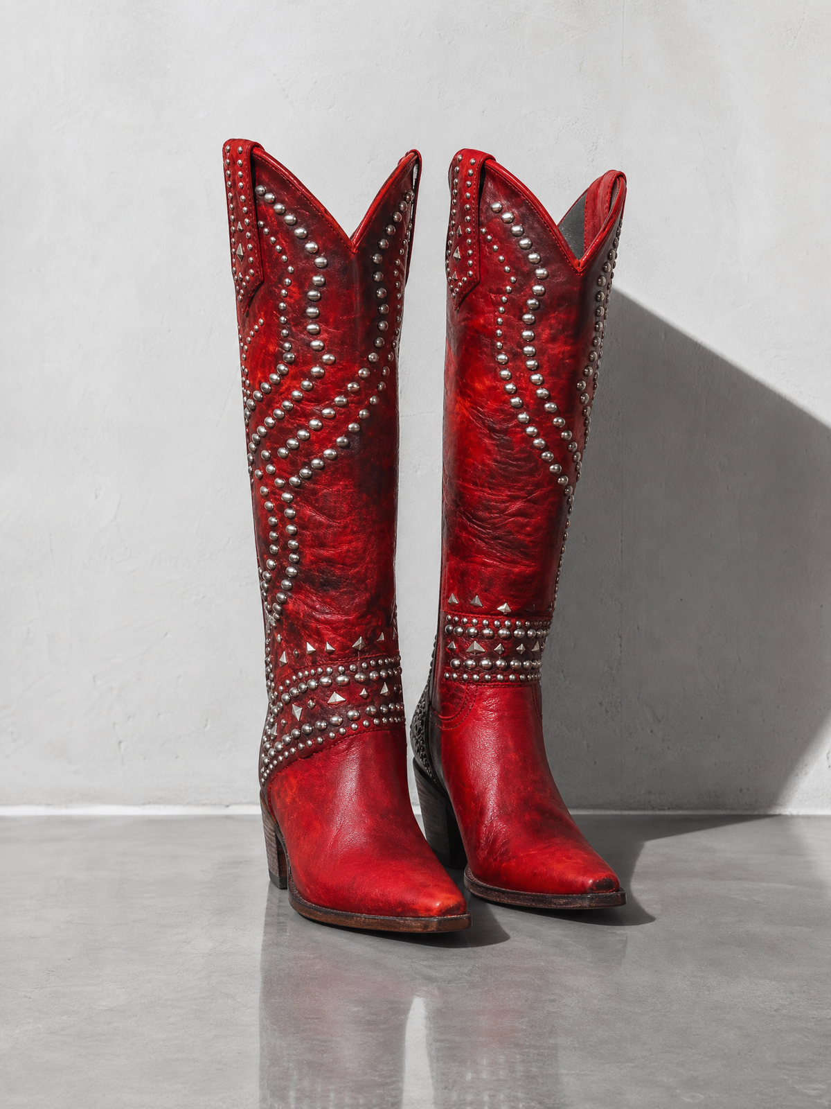 Rivet Female Boots With Chunky Heels - Red - complete pair, front three-quarter