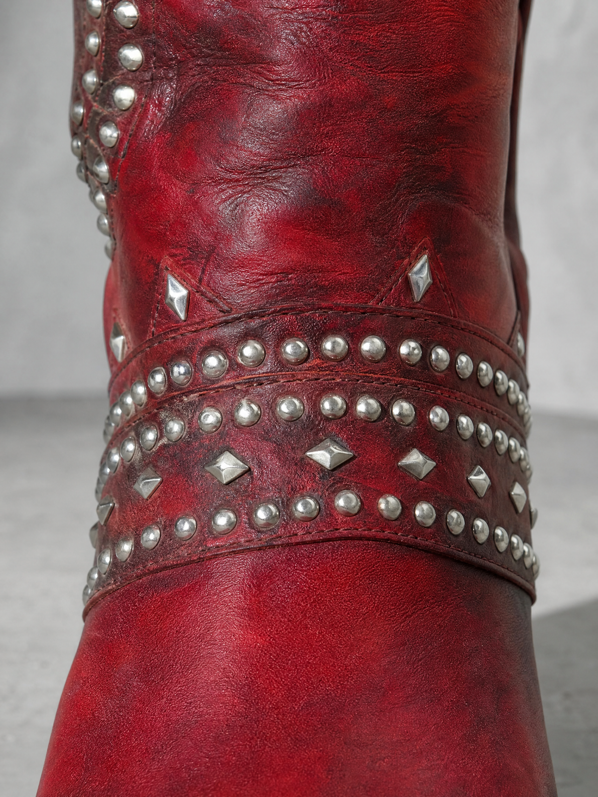 Rivet Female Boots With Chunky Heels - Red - studded vamp band detail