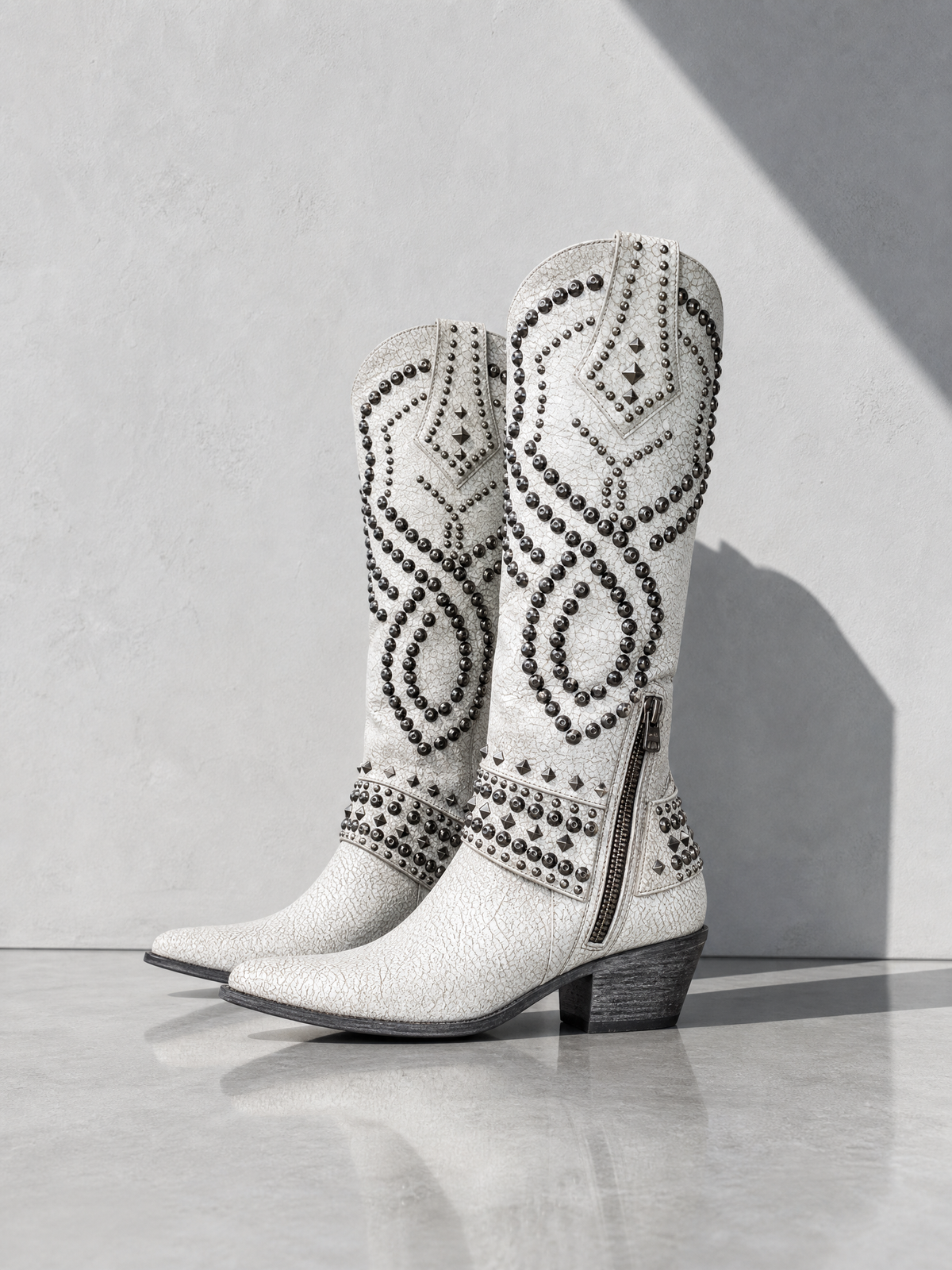 Rivet Female Boots With Chunky Heels - White - outer side profile