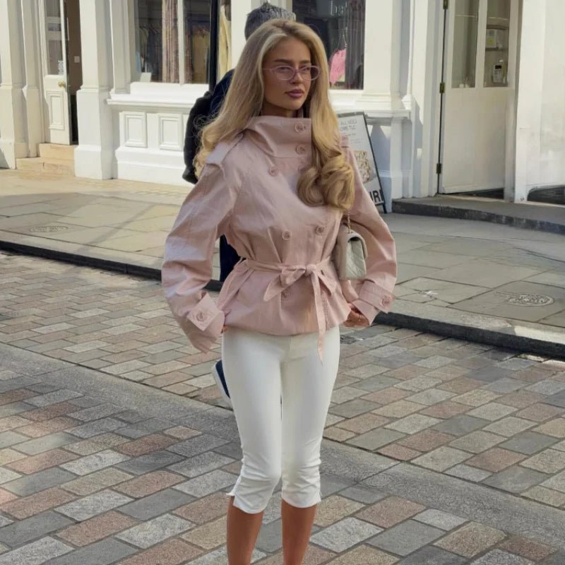 Women's Pink Jacket Trench Belted Double Breasted