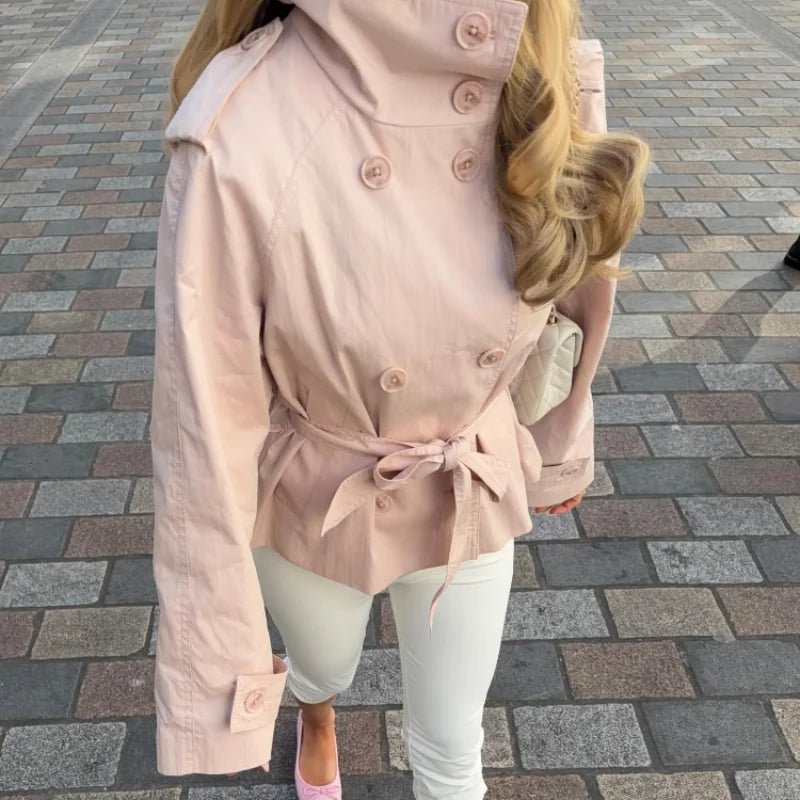Women's Pink Jacket Trench Belted Double Breasted