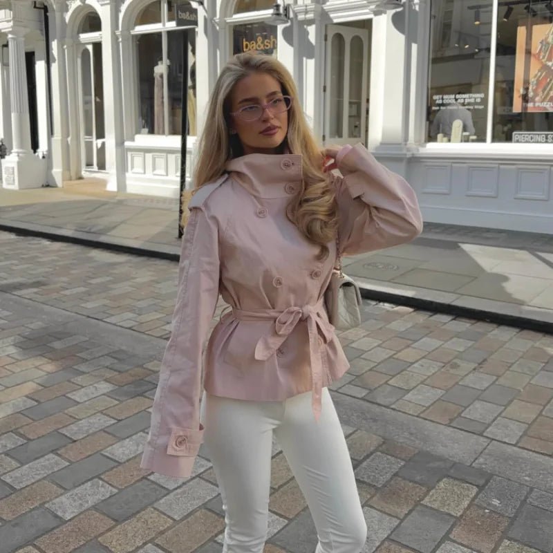 Women's Pink Jacket Trench Belted Double Breasted