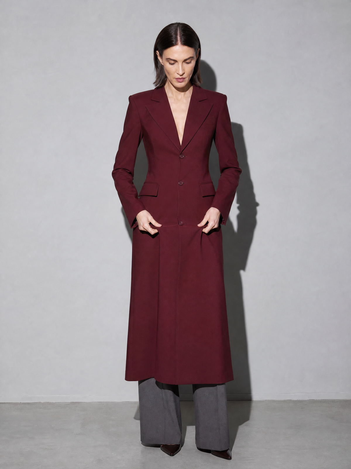 Women's Slim Temperament Long Overcoat Outerwear - Wine Red Premium Fabric Finish Adjusting