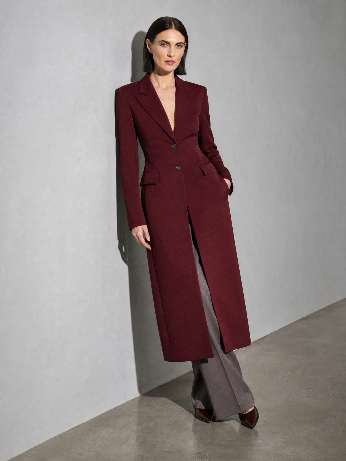 Women's Slim Temperament Long Overcoat Outerwear - Wine Red Premium Fabric Finish Seated Or Lean